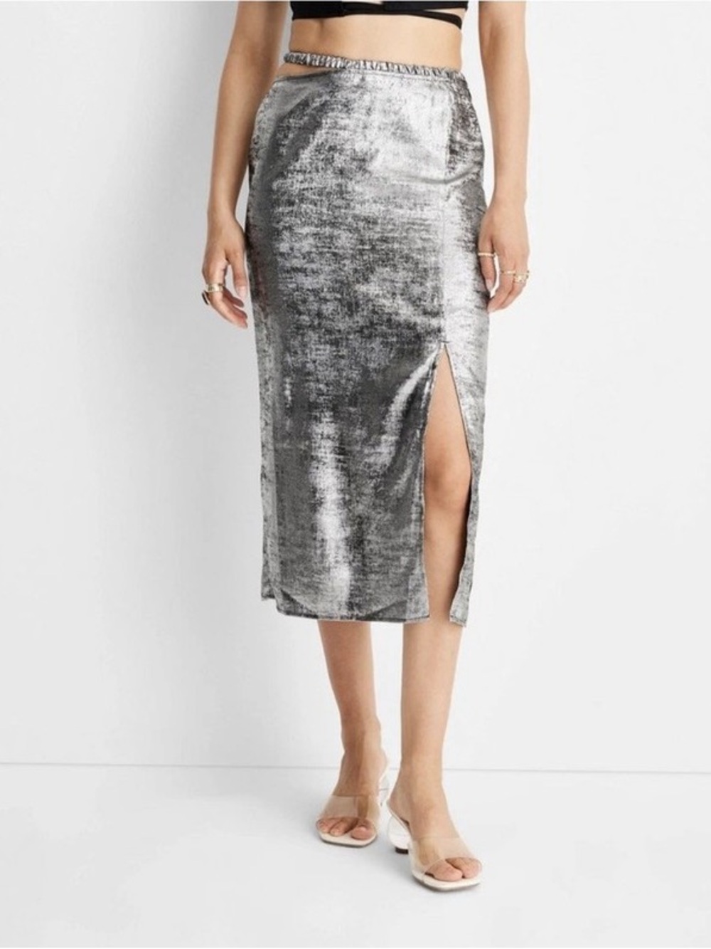 Future Collective Alani Noelle Silver Metallic Halter Midi Skirt Size 16 NWT